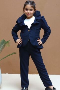 Kız Çocuk Yakası Fırfırlı Kloş Ceket, Lacivert Alt Üst Takım