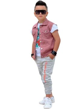 Erkek Çocuk Kaplan Detaylı T-shirt Sırt Baskılı Kolsuz Pudra Jean Ceket Kargo Cepli Alt Üst Takım
