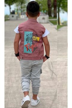 Erkek Çocuk Kaplan Detaylı T-shirt Sırt Baskılı Kolsuz Pudra Jean Ceket Kargo Cepli Alt Üst Takım