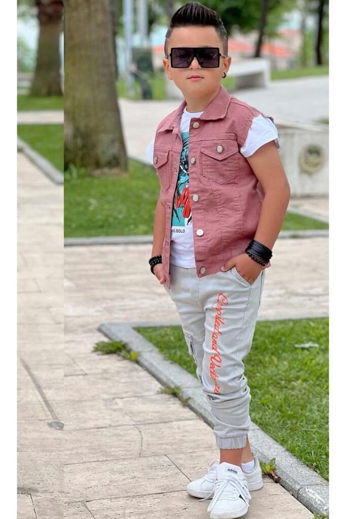 Erkek Çocuk Kaplan Detaylı T-shirt Sırt Baskılı Kolsuz Pudra Jean Ceket Kargo Cepli Alt Üst Takım