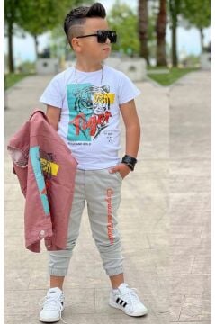 Erkek Çocuk Kaplan Detaylı T-shirt Sırt Baskılı Kolsuz Pudra Jean Ceket Kargo Cepli Alt Üst Takım