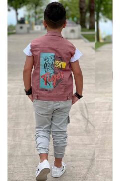 Erkek Çocuk Kaplan Detaylı T-shirt Sırt Baskılı Kolsuz Pudra Jean Ceket Kargo Cepli Alt Üst Takım