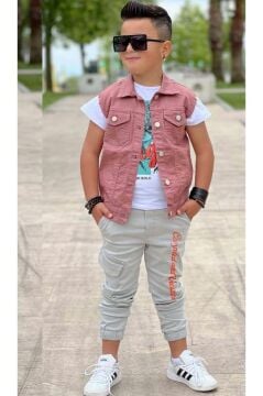 Erkek Çocuk Kaplan Detaylı T-shirt Sırt Baskılı Kolsuz Pudra Jean Ceket Kargo Cepli Alt Üst Takım