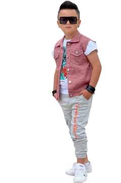 Erkek Çocuk Kaplan Detaylı T-shirt Sırt Baskılı Kolsuz Pudra Jean Ceket Kargo Cepli Alt Üst Takım