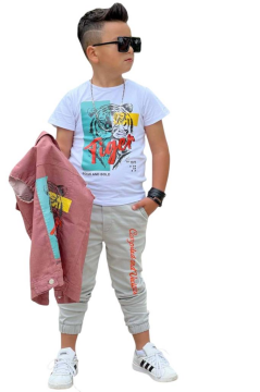 Erkek Çocuk Kaplan Detaylı T-shirt Sırt Baskılı Kolsuz Pudra Jean Ceket Kargo Cepli Alt Üst Takım