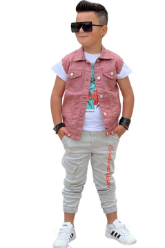 Erkek Çocuk Kaplan Detaylı T-shirt Sırt Baskılı Kolsuz Pudra Jean Ceket Kargo Cepli Alt Üst Takım