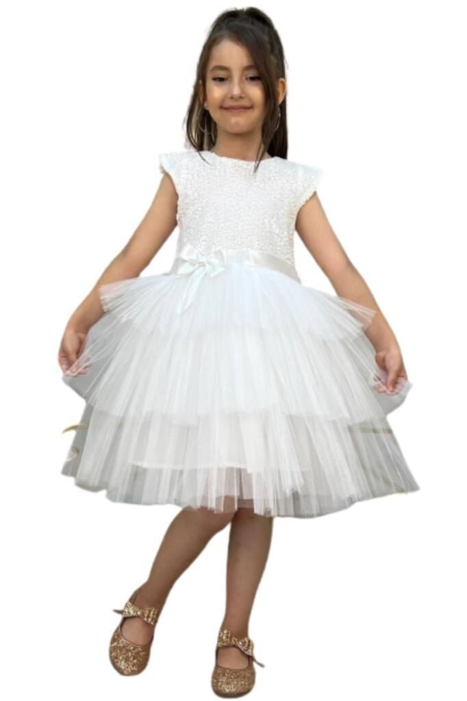 Kız Çocuk Üstü Pulpayet İşlemeli Katkat Beyaz Abiye 4-7 Yaş