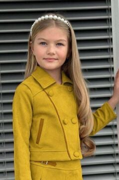 Kız Çocuk Asimetrik Kesim Gömlek Yaka Ceket Eteği Şerit Detaylı Pliseli Süet Hardal Etekli Takım