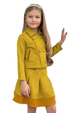 Kız Çocuk Asimetrik Kesim Gömlek Yaka Ceket Eteği Şerit Detaylı Pliseli Süet Hardal Etekli Takım