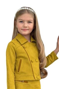 Kız Çocuk Asimetrik Kesim Gömlek Yaka Ceket Eteği Şerit Detaylı Pliseli Süet Hardal Etekli Takım