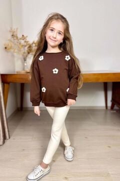 Kız Çocuk Üzeri Papatya Figürlü 3 İplik Kazak Bol Kesim Skuba Kumaş Fitilli Krem Taytlı Takım