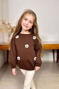 Kız Çocuk Üzeri Papatya Figürlü 3 İplik Kazak Bol Kesim Skuba Kumaş Fitilli Krem Taytlı Takım