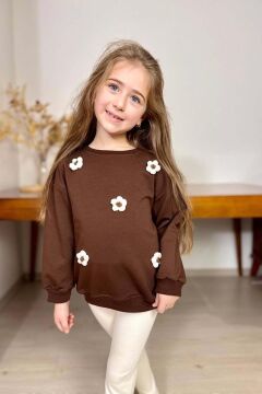 Kız Çocuk Üzeri Papatya Figürlü 3 İplik Kazak Bol Kesim Skuba Kumaş Fitilli Krem Taytlı Takım