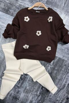 Kız Çocuk Üzeri Papatya Figürlü 3 İplik Kazak Bol Kesim Skuba Kumaş Fitilli Krem Taytlı Takım