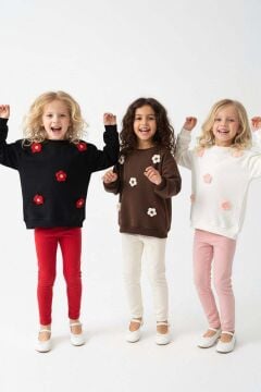 Kız Çocuk Üzeri Papatya Figürlü 3 İplik Kazak Bol Kesim Skuba Kumaş Fitilli Krem Taytlı Takım