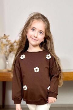 Kız Çocuk Üzeri Papatya Figürlü 3 İplik Kazak Bol Kesim Skuba Kumaş Fitilli Krem Taytlı Takım