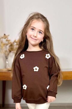 Kız Çocuk Üzeri Papatya Figürlü 3 İplik Kazak Bol Kesim Skuba Kumaş Fitilli Krem Taytlı Takım