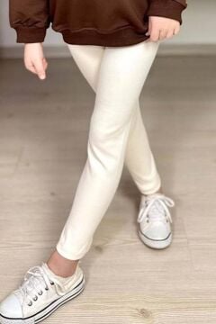 Kız Çocuk Üzeri Papatya Figürlü 3 İplik Kazak Bol Kesim Skuba Kumaş Fitilli Krem Taytlı Takım