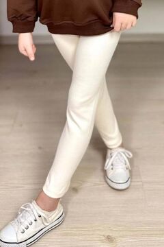 Kız Çocuk Üzeri Papatya Figürlü 3 İplik Kazak Bol Kesim Skuba Kumaş Fitilli Krem Taytlı Takım