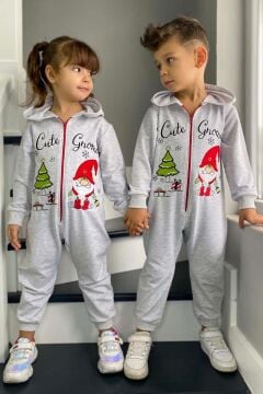 Kız Erkek Bebek Üzerinde Noel Baba ve Ağaç Önü Fermuarlı Kapüşonlu Gri Tulum