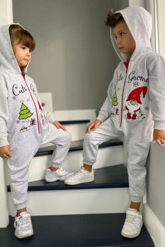 Kız Erkek Bebek Üzerinde Noel Baba ve Ağaç Önü Fermuarlı Kapüşonlu Gri Tulum