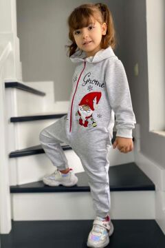 Kız Erkek Bebek Üzerinde Noel Baba ve Ağaç Önü Fermuarlı Kapüşonlu Gri Tulum