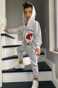 Kız Erkek Bebek Üzerinde Noel Baba ve Ağaç Önü Fermuarlı Kapüşonlu Gri Tulum