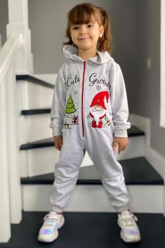 Kız Erkek Bebek Üzerinde Noel Baba ve Ağaç Önü Fermuarlı Kapüşonlu Gri Tulum