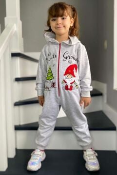 Kız Erkek Bebek Üzerinde Noel Baba ve Ağaç Önü Fermuarlı Kapüşonlu Gri Tulum
