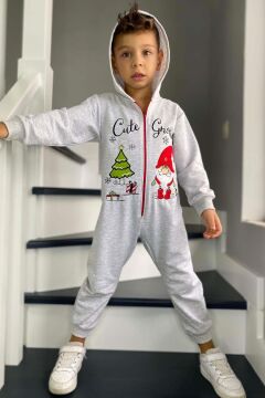 Kız Erkek Bebek Üzerinde Noel Baba ve Ağaç Önü Fermuarlı Kapüşonlu Gri Tulum