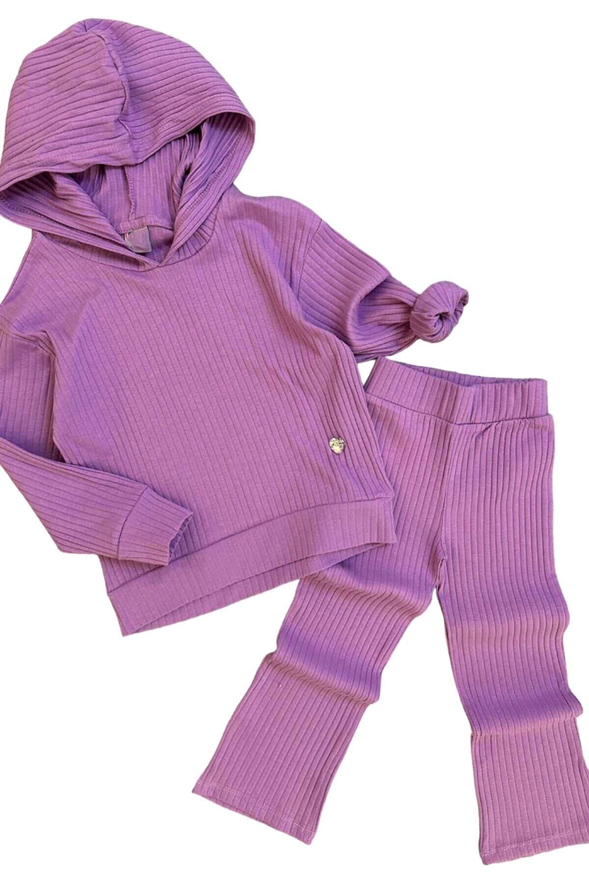 Kız Çocuk Kapüşonlu Sweatshirt Beli Lastikli Fitilli Lila Alt Üst Takım