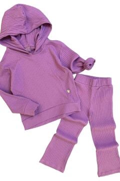 Kız Çocuk Kapüşonlu Sweatshirt Beli Lastikli Fitilli Lila Alt Üst Takım