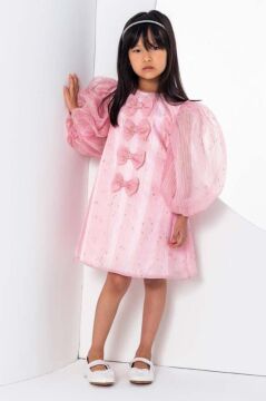 Kız Çocuk Önü Boydan Aşağı Fiyonk Detaylı Balon Kollu İçi Astarlı Pembe Elbise