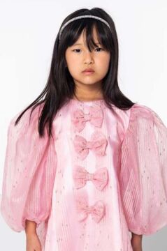 Kız Çocuk Önü Boydan Aşağı Fiyonk Detaylı Balon Kollu İçi Astarlı Pembe Elbise