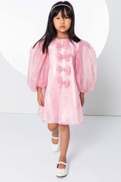 Kız Çocuk Önü Boydan Aşağı Fiyonk Detaylı Balon Kollu İçi Astarlı Pembe Elbise