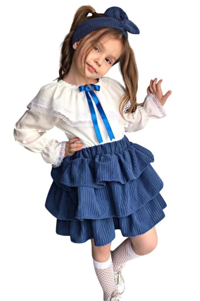 Kız Çocuk Üstü Volanlı Dantel İşlemeli Fırfırlı Mavi Etekli Takım