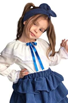 Kız Çocuk Üstü Volanlı Dantel İşlemeli Fırfırlı Mavi Etekli Takım