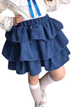 Kız Çocuk Üstü Volanlı Dantel İşlemeli Fırfırlı Mavi Etekli Takım