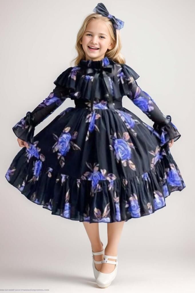 Kız Çocuk Kolları Transparan ve Yakası Fırfırlı Üzeri Çiçek Desenli Piliseli Mor Elbise