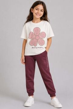 Kız Çocuk Göğsüden Papatya Ve Yazı Detaylı T-Shirt Çift Cep ve İp Detaylı Eşofman Takım
