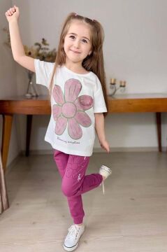 Kız Çocuk Göğsüden Papatya Ve Yazı Detaylı T-Shirt Çift Cep ve İp Detaylı Eşofman Takım