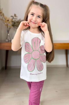 Kız Çocuk Göğsüden Papatya Ve Yazı Detaylı T-Shirt Çift Cep ve İp Detaylı Eşofman Takım
