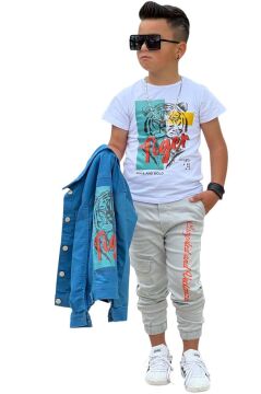 Erkek Çocuk Kaplan Detaylı T-shirt Sırt Baskılı Mavi Jean Ceket Kargo Cepli Alt Üst Takım