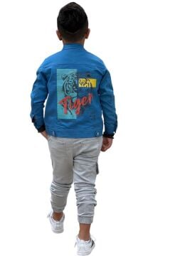 Erkek Çocuk Kaplan Detaylı T-shirt Sırt Baskılı Mavi Jean Ceket Kargo Cepli Alt Üst Takım