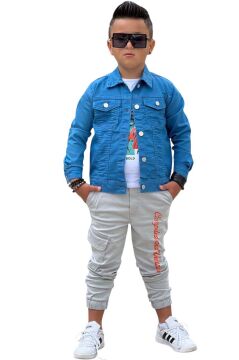 Erkek Çocuk Kaplan Detaylı T-shirt Sırt Baskılı Mavi Jean Ceket Kargo Cepli Alt Üst Takım
