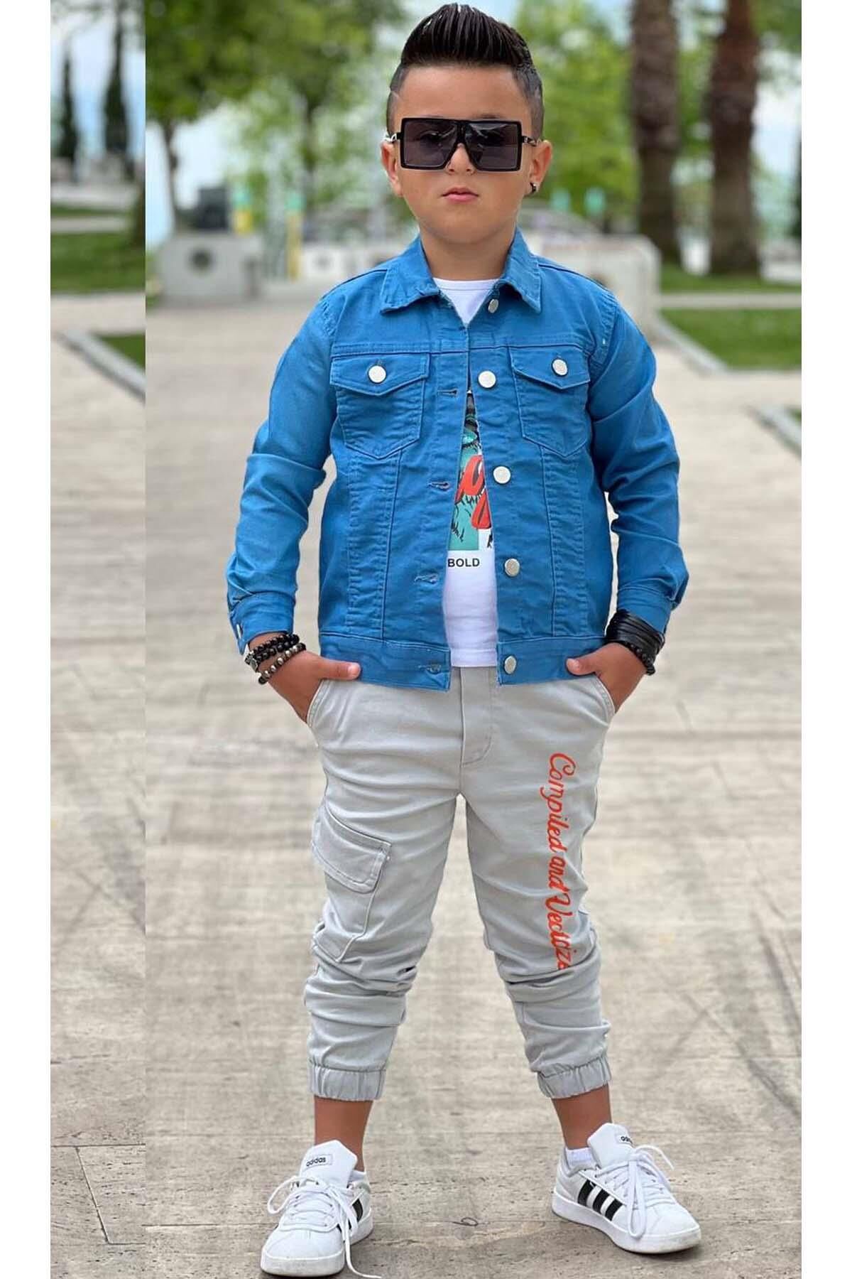 Erkek Çocuk Kaplan Detaylı T-shirt Sırt Baskılı Mavi Jean Ceket Kargo Cepli Alt Üst Takım