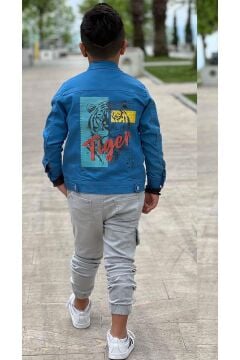 Erkek Çocuk Kaplan Detaylı T-shirt Sırt Baskılı Mavi Jean Ceket Kargo Cepli Alt Üst Takım