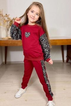 Kız Çocuk Bisiklet Yaka Kollarında ve Göğsünde Kalp Pulpayet İşlemeli Kırmızı Eşofman Takım