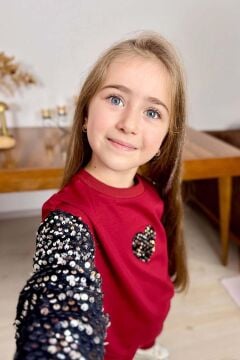 Kız Çocuk Bisiklet Yaka Kollarında ve Göğsünde Kalp Pulpayet İşlemeli Kırmızı Eşofman Takım