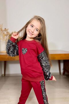 Kız Çocuk Bisiklet Yaka Kollarında ve Göğsünde Kalp Pulpayet İşlemeli Kırmızı Eşofman Takım